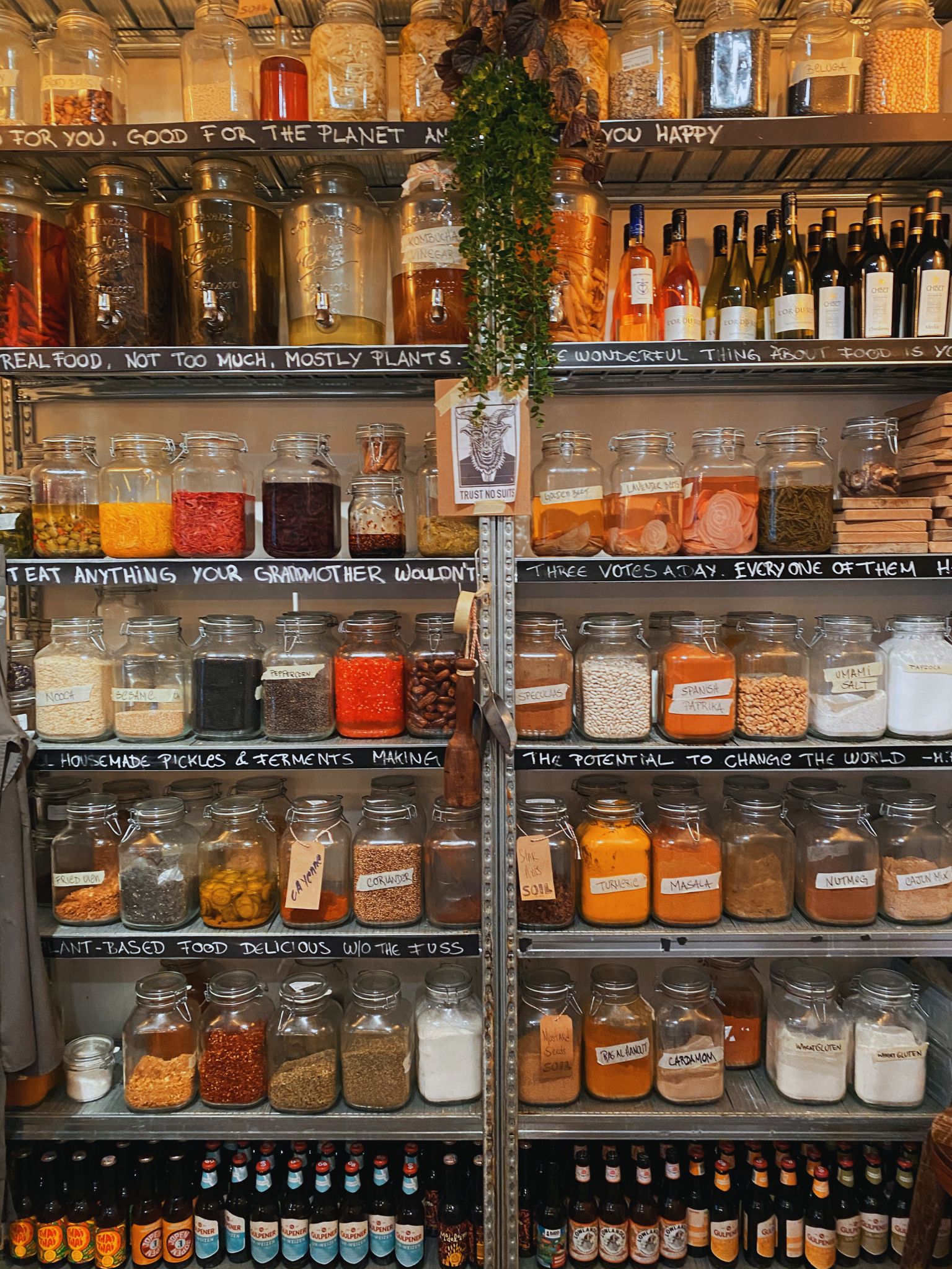 A rack full of fermented foods, dry spices, wines and more