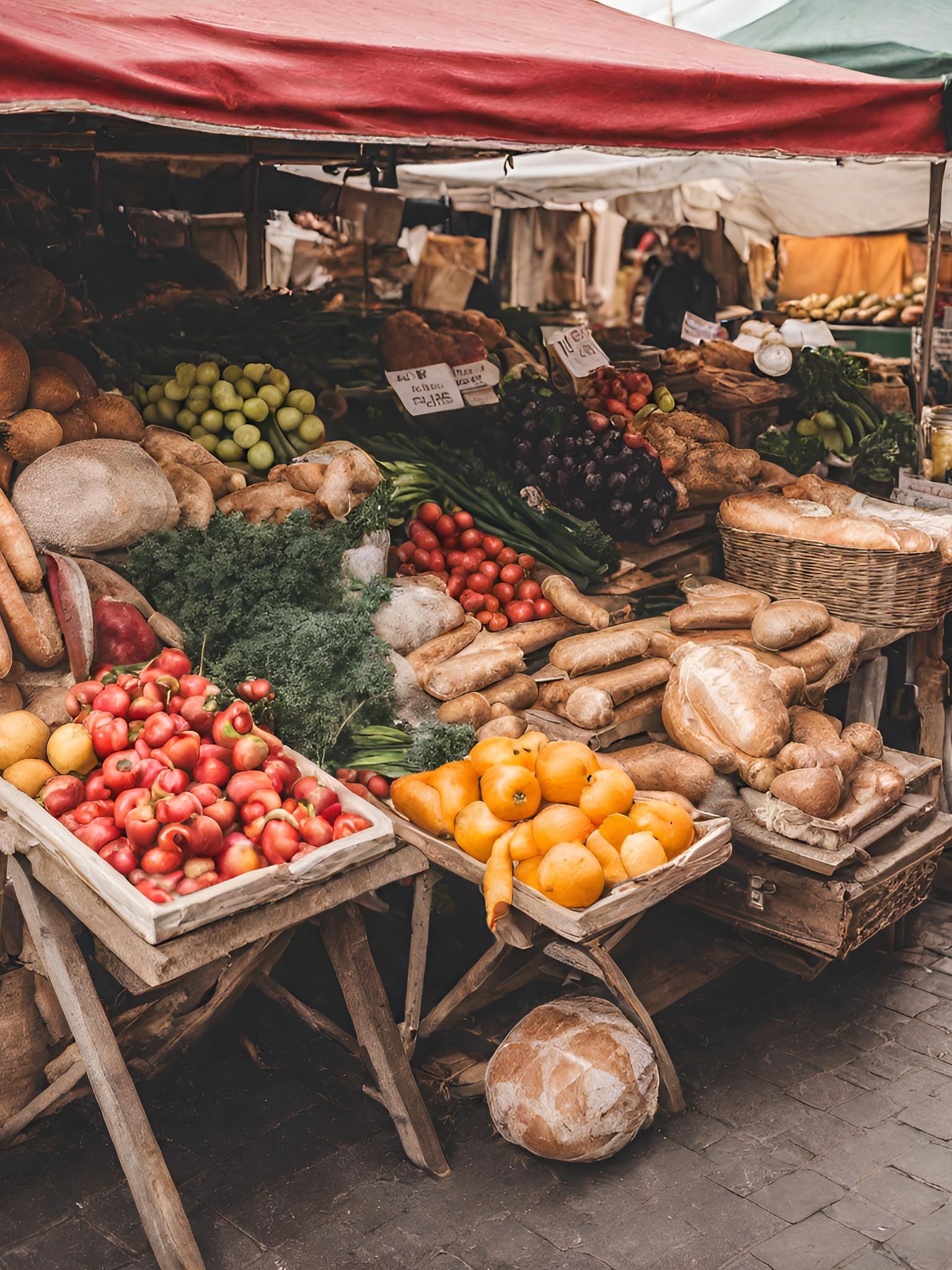 Vegetable stand with different types of fruit and bread